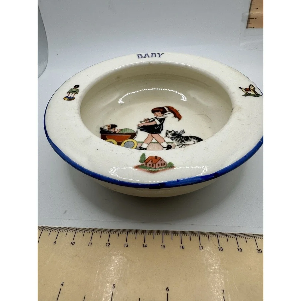 Antique Czecho-Slovakia Ceramic Baby Bowl 1920s Girl with Pram Dog Blue Trim 6in